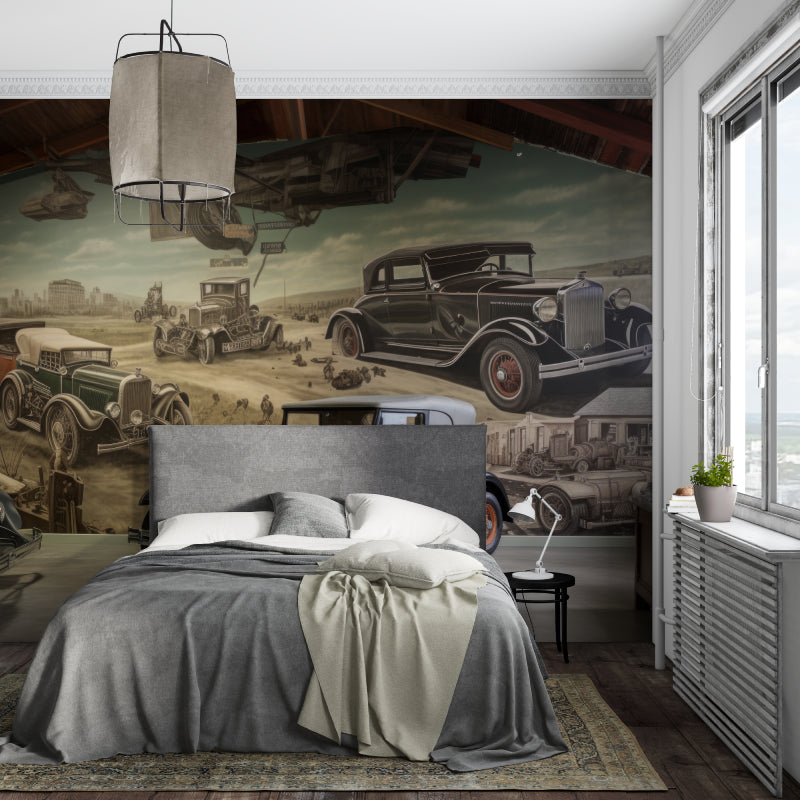Vintage automobile wallpaper creating focal point in garage lounge area