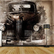 Vintage car wallpaper displayed in a modern living room, adding sophisticated black and white contrast to the space