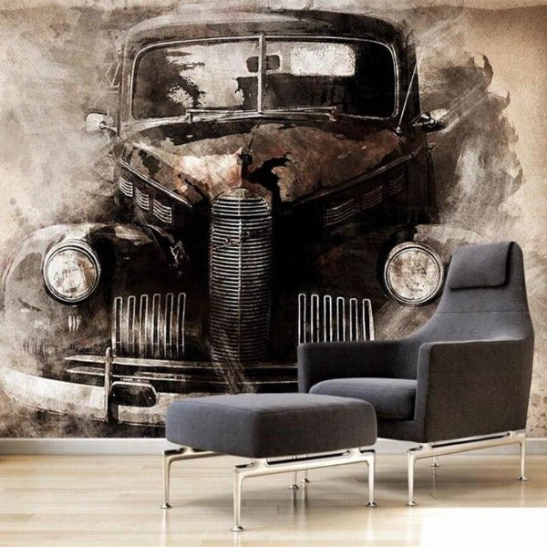 Classic car mural creating an elegant focal point in a home office with monochrome design elements