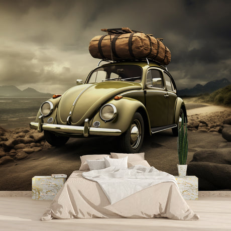 Vintage Car Wallpaper showcasing classic Beetle in modern living room with grey sofa and natural light