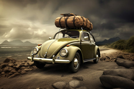 Design file of Vintage Beetle Adventure Scene with detailed mountain backdrop