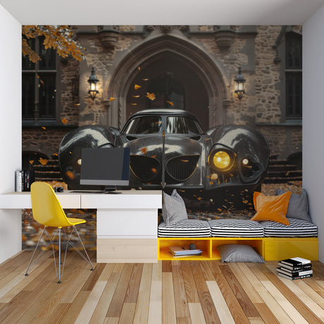 Classic car wallpaper bringing sophistication to a modern living room with black and gold accents