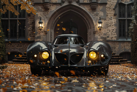 Design file showing detailed vintage car pattern with autumn leaves and gothic archway