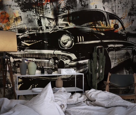 Vintage car wallpaper creating a bold statement in a modern industrial loft living room