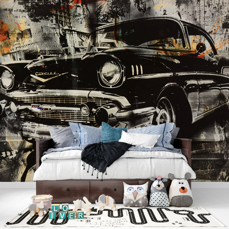 Retro Chevrolet wallpaper transforming a home office with street art style