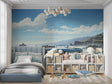 Classic blue convertible car wallpaper styled in modern living room with ocean views