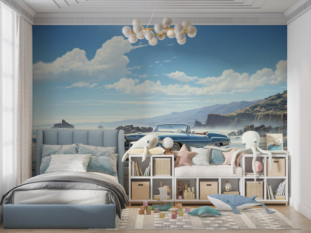 Classic blue convertible car wallpaper styled in modern living room with ocean views