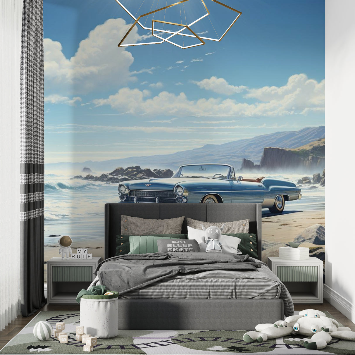 Vintage car beach mural creating depth in minimalist home office setup
