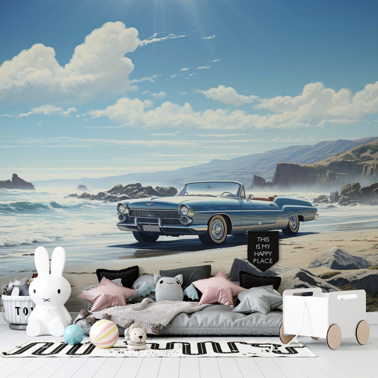 Blue classic car wallpaper bringing coastal vibes to teen bedroom