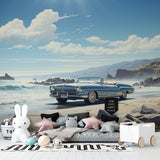Blue classic car wallpaper bringing coastal vibes to teen bedroom