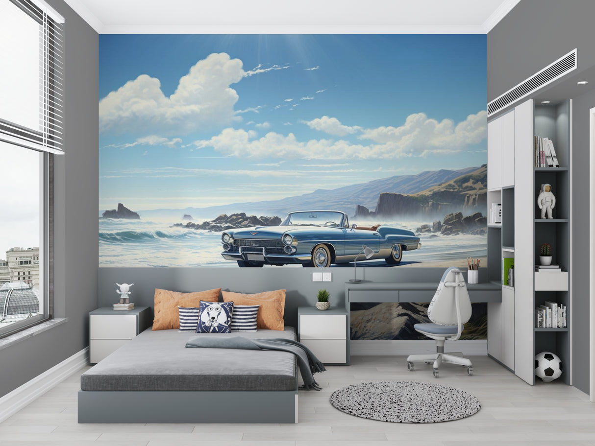 Retro car wall mural adding character to contemporary dining room