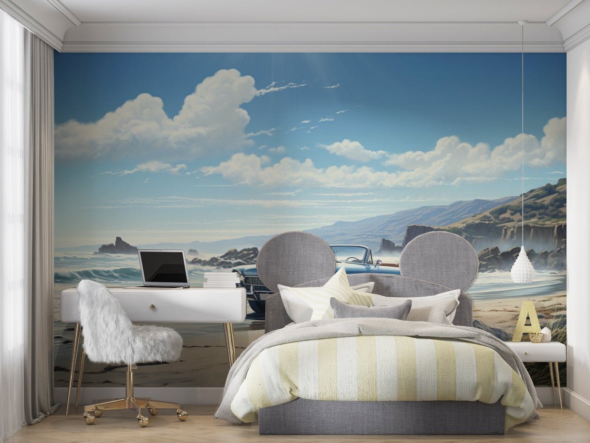 Beach scene car wallpaper transforming modern entertainment room