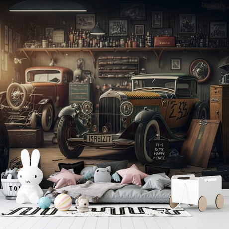 Vintage car wallpaper creating a cozy atmosphere in a modern home office with warm lighting