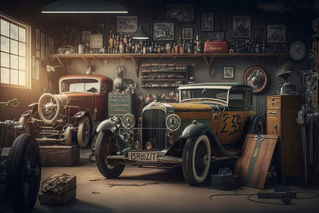 Design file showing detailed vintage car workshop scene with sepia tones and authentic garage elements