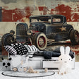 Hot rod wallpaper mural styled in modern living room with red accent furniture