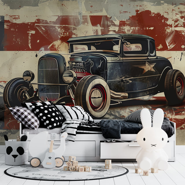 Hot rod wallpaper mural styled in modern living room with red accent furniture