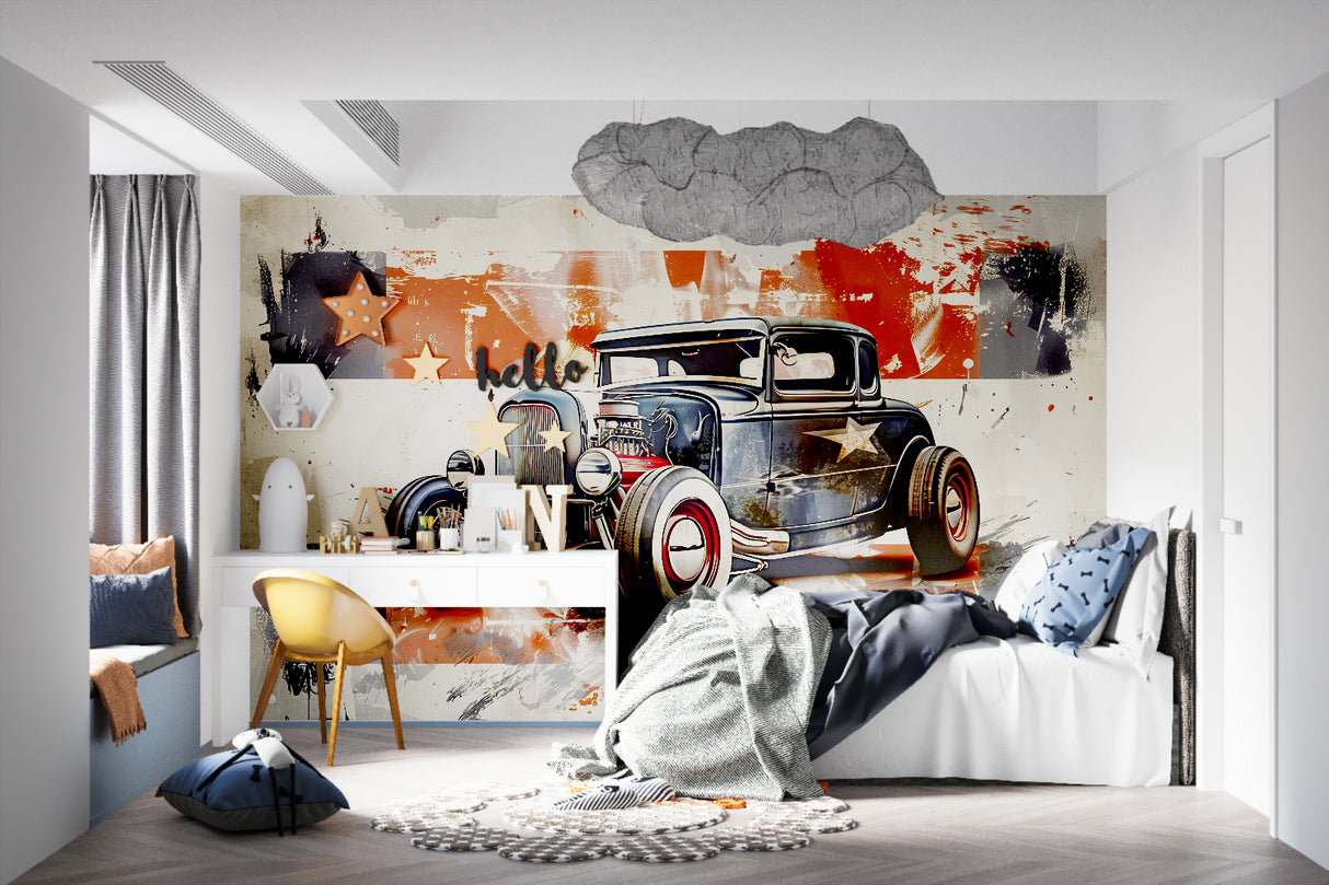 Vintage car wall mural creating focal point in teen bedroom setup