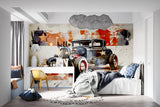 Vintage car wall mural creating focal point in teen bedroom setup
