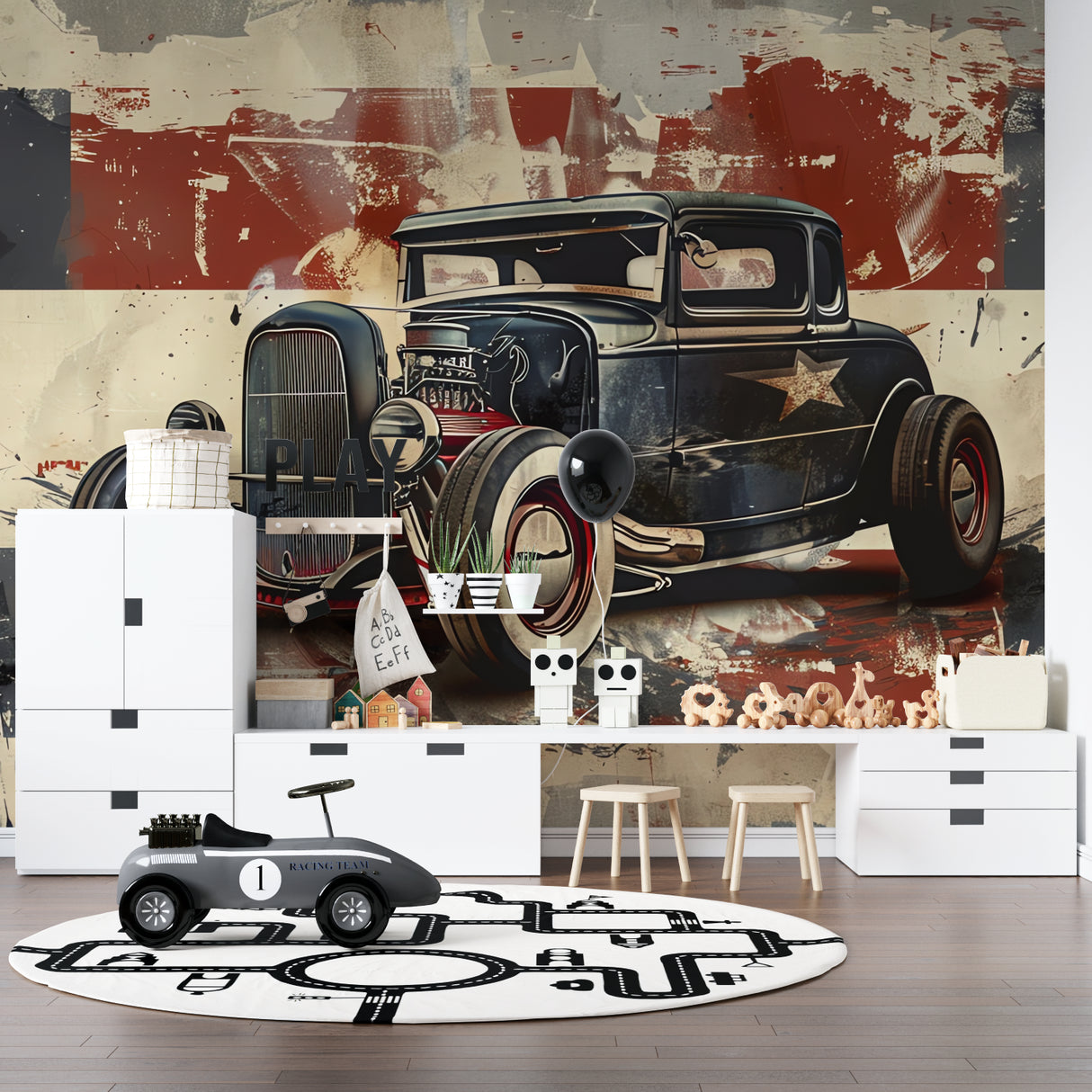 Classic car wallpaper installed in urban style game room