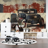Classic car wallpaper installed in urban style game room