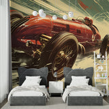 Vintage car mural wallpaper in modern living room showing classic red racer against beige wall
