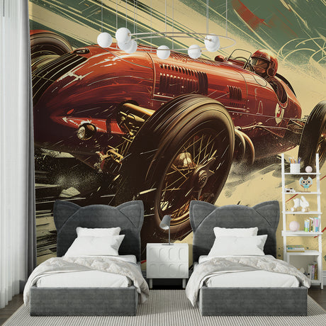 Vintage car mural wallpaper in modern living room showing classic red racer against beige wall