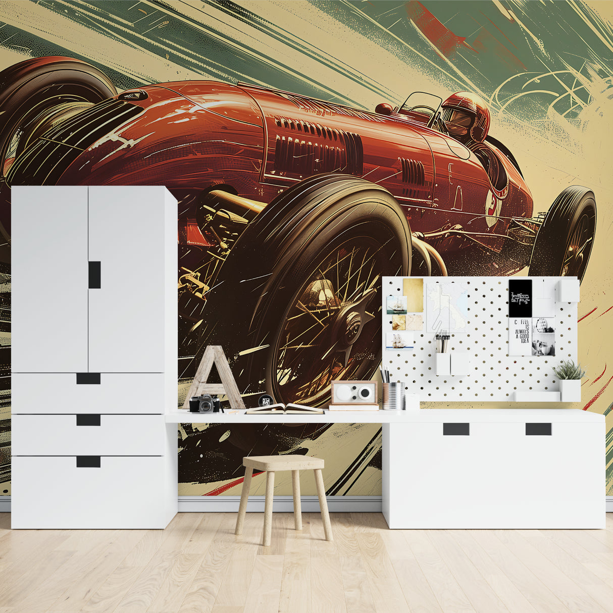 Classic racing car wallpaper featured in home office with desk and natural lighting