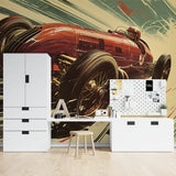 Classic racing car wallpaper featured in home office with desk and natural lighting
