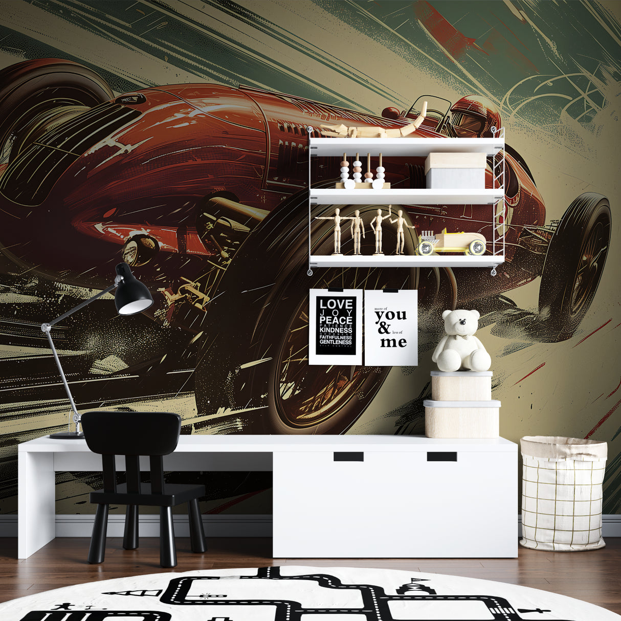 Retro car mural wallpaper installed in teen bedroom with gaming setup