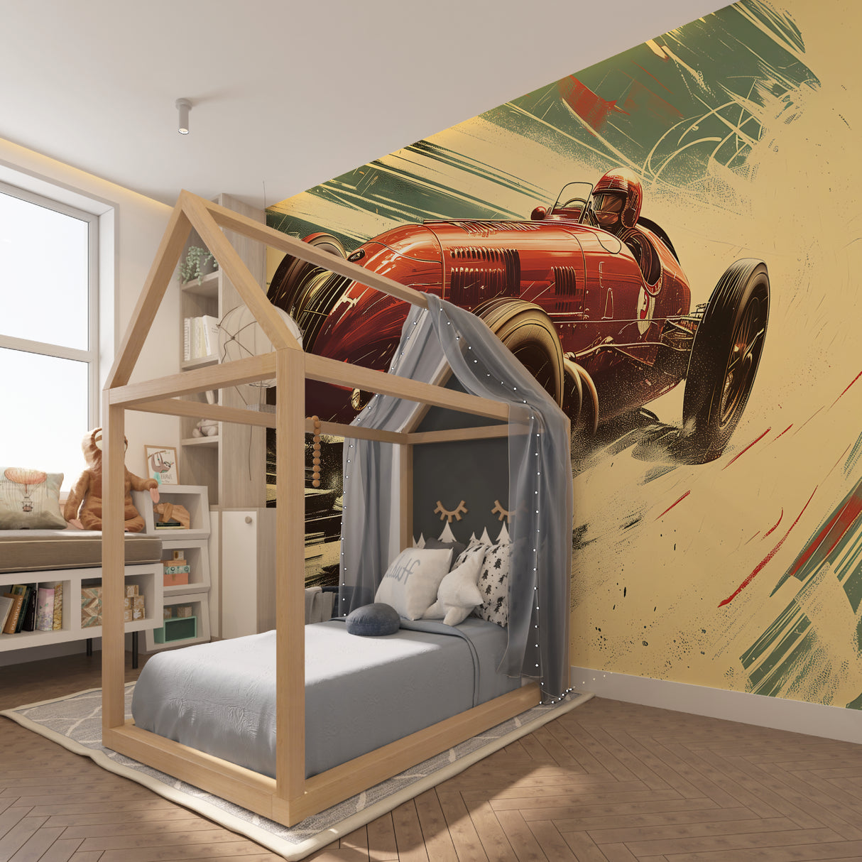 Vintage racing wallpaper design in man cave entertainment room