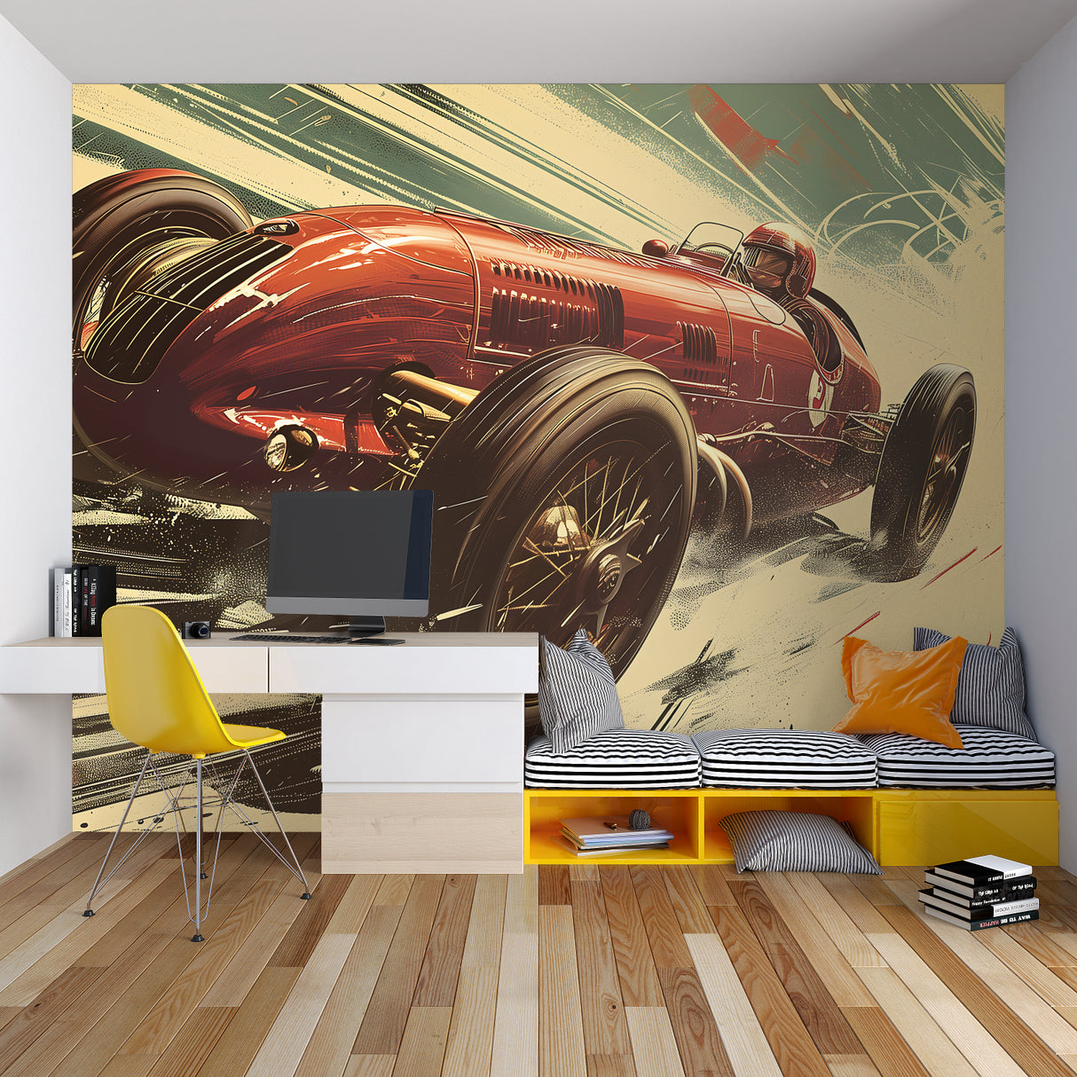 Classic car wall mural in garage conversion workout space