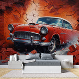 3D car mural installation in teen bedroom showing classic automobile bursting through brick texture