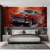 Vintage car wallpaper creating focal point in garage with red auto breaking wall effect