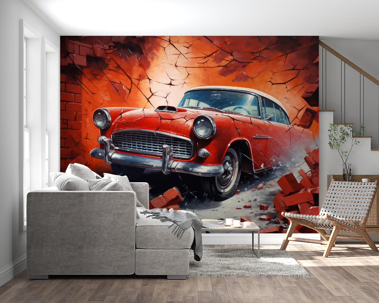 3D car wallpaper installed in man cave showing vintage automobile bursting through brick wall