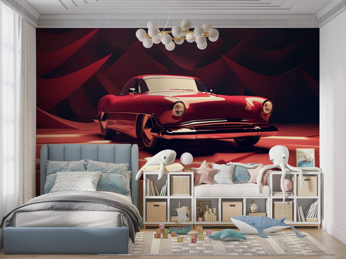 Classic red vintage car wallpaper creating a stunning focal point in a modern living room setting