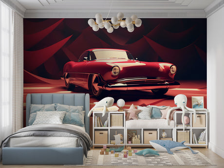 Classic red vintage car wallpaper creating a stunning focal point in a modern living room setting