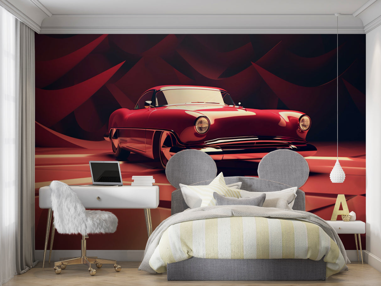 Vintage car wall mural bringing warmth to a sophisticated home office space