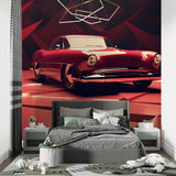 Red classic car wallpaper design showcased in a teen's bedroom