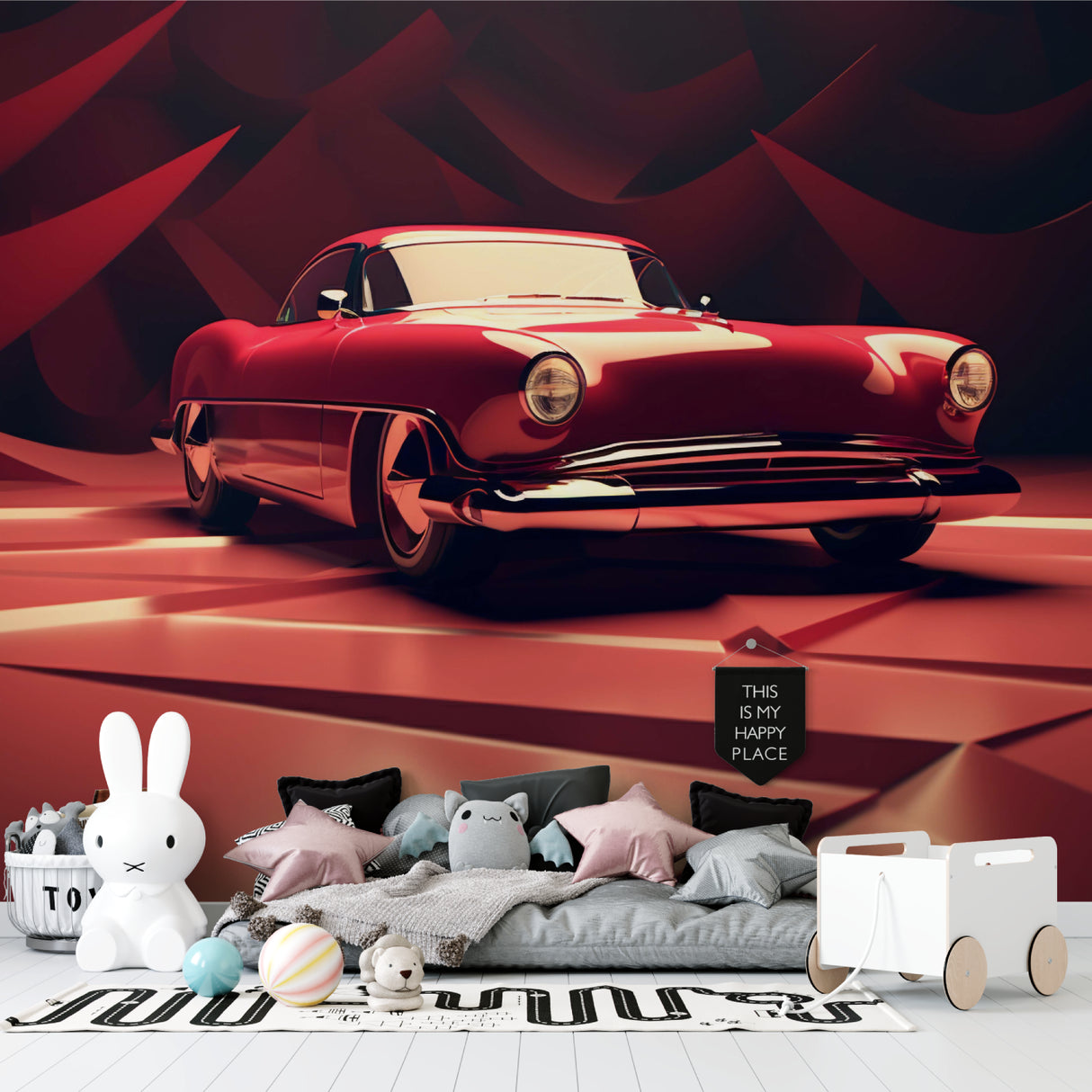 Classic car mural creating an elegant atmosphere in a garage conversion