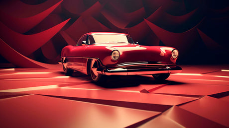 Design file showing detailed vintage car pattern with rich crimson tones and dramatic lighting effects