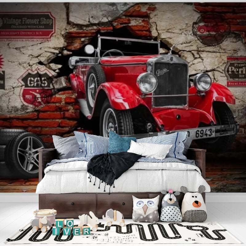 Red classic car wallpaper installation in industrial style restaurant setting