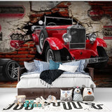 Red classic car wallpaper installation in industrial style restaurant setting