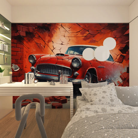 Vintage car wallpaper creating drama in modern living room with red classic automobile bursting through brick wall
