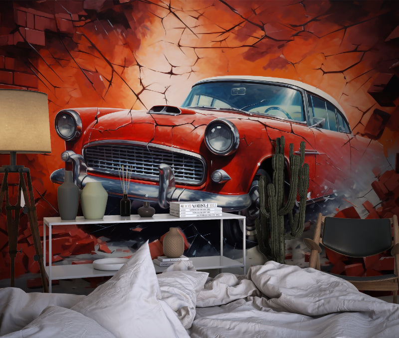 3D car wallpaper design showcased in home office with brick wall effect
