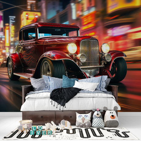 Vintage car wallpaper making a bold statement in modern living room with sleek furniture