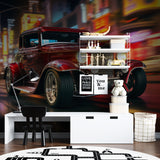 Classic hot rod mural bringing retro charm to an industrial style home office