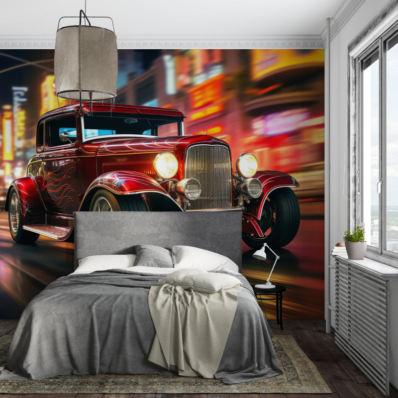 Red vintage car wallpaper creating atmosphere in teen bedroom setting