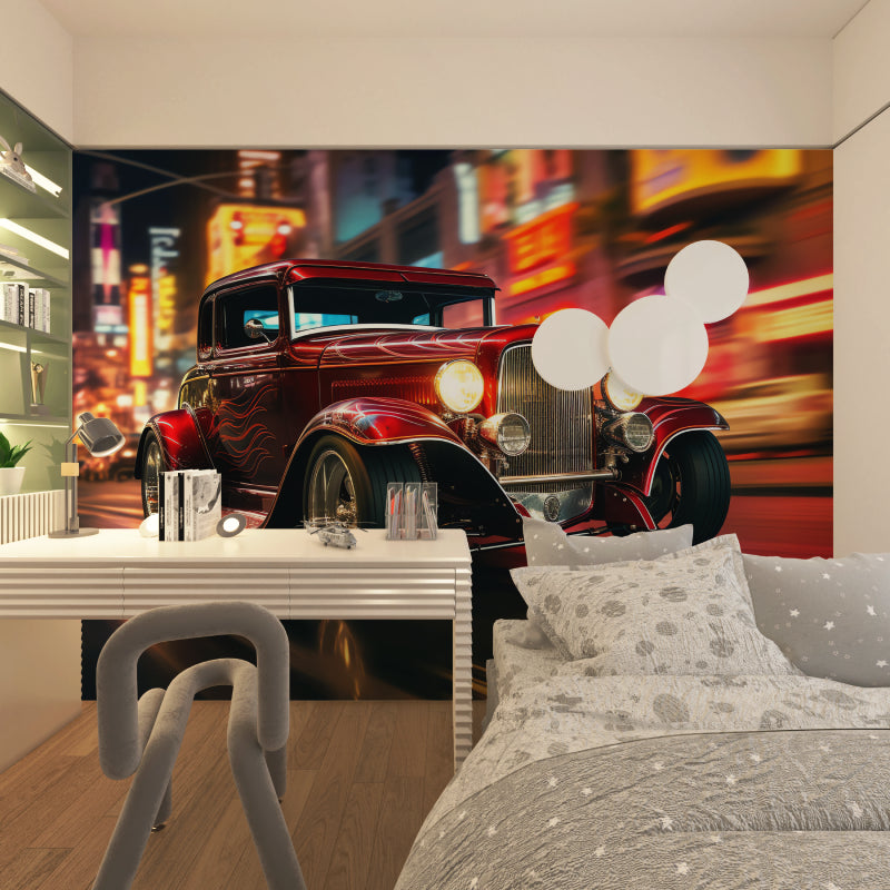 Hot rod wall mural adding character to a modern garage space