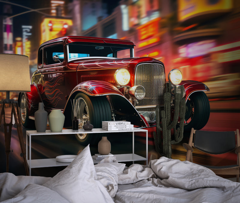 Classic car mural transforming a man cave with neon city backdrop
