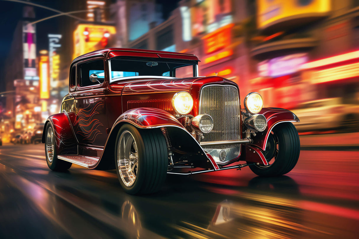 Design file showing detailed vintage hot rod against city lights pattern